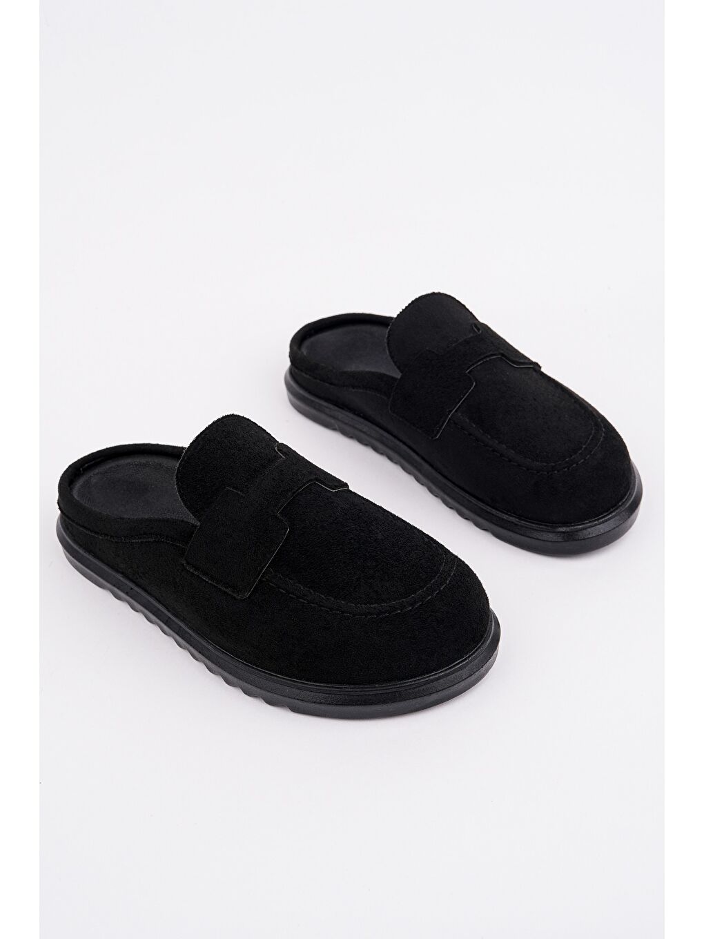 Siyah VİNTAGE Süet Deri Günlük Rahat Önü Kapalı Kadın Loafer Terlik