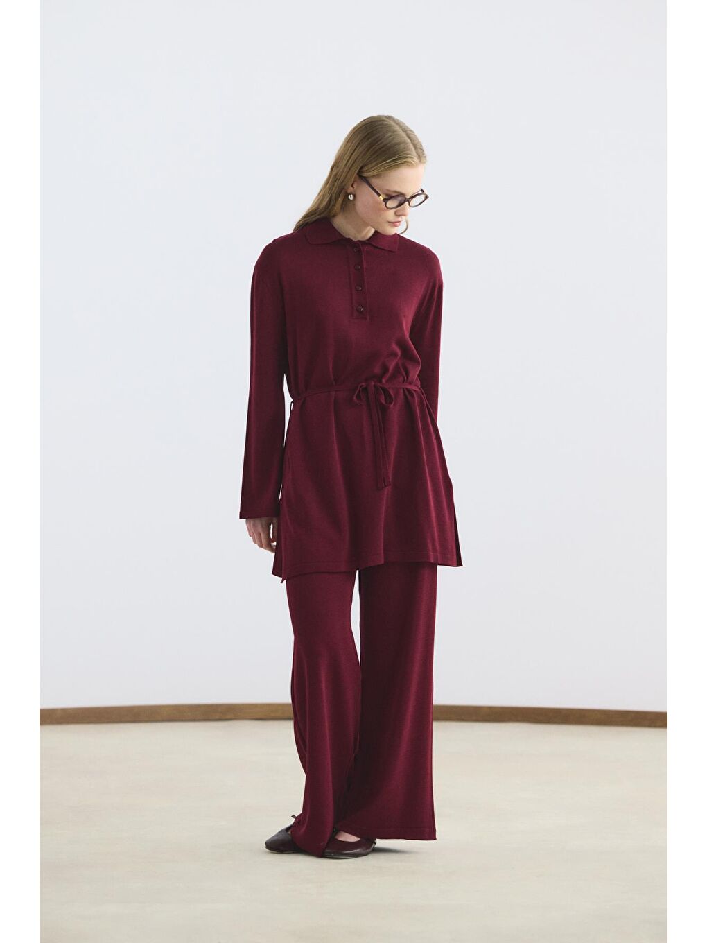 Polo Yaka İnce Triko Tunik Pantolon Takım Bordo-3