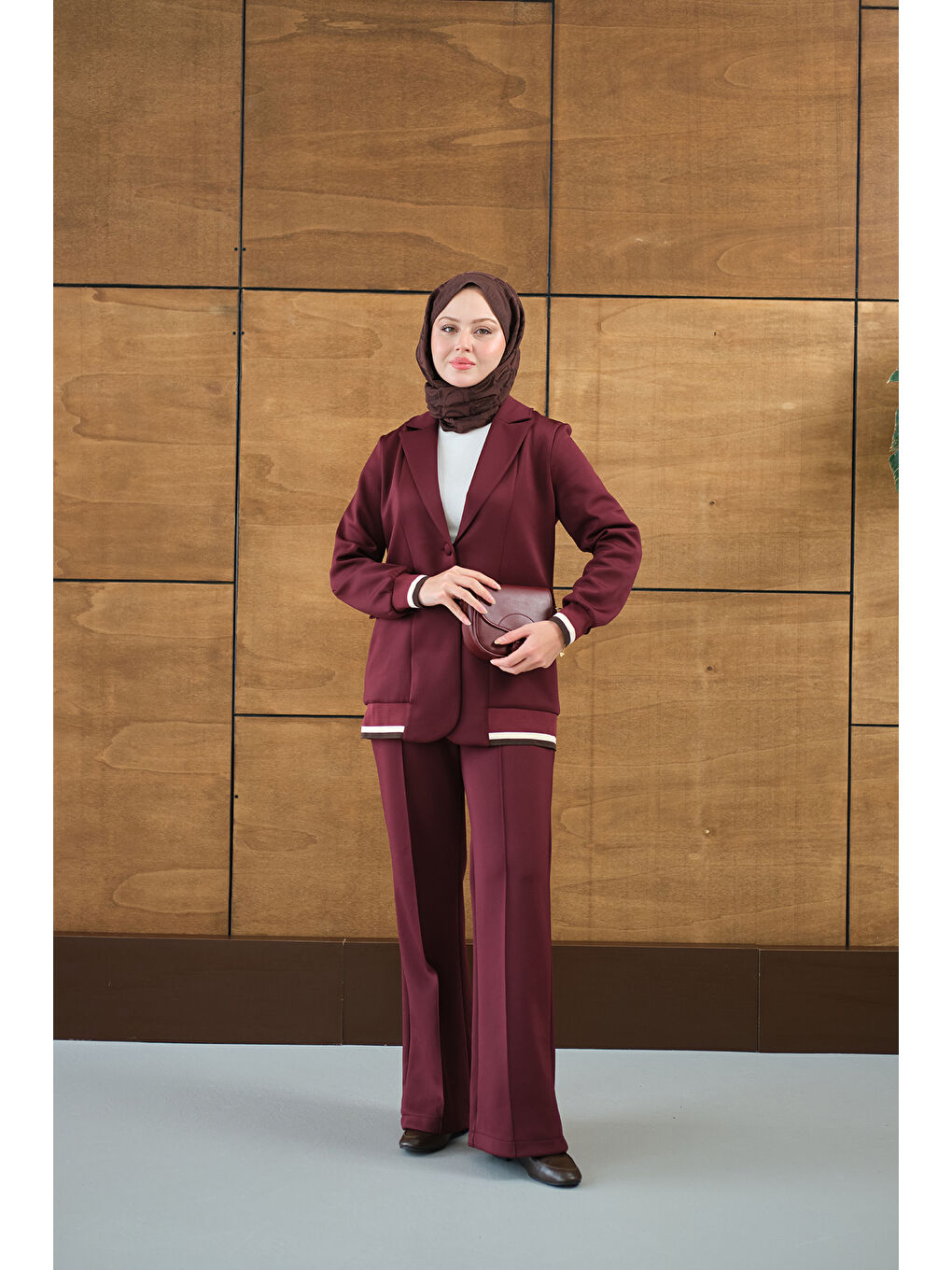 Kadın Çizgi Ribanalı Blazer Ceketli Takım Bordo-2