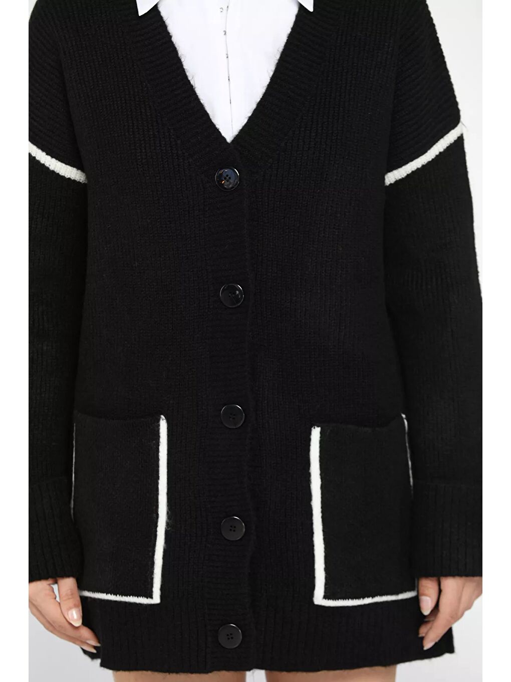 Siyah Kadın Kol Katlamalı Şerit Desenli Triko Hırka-7