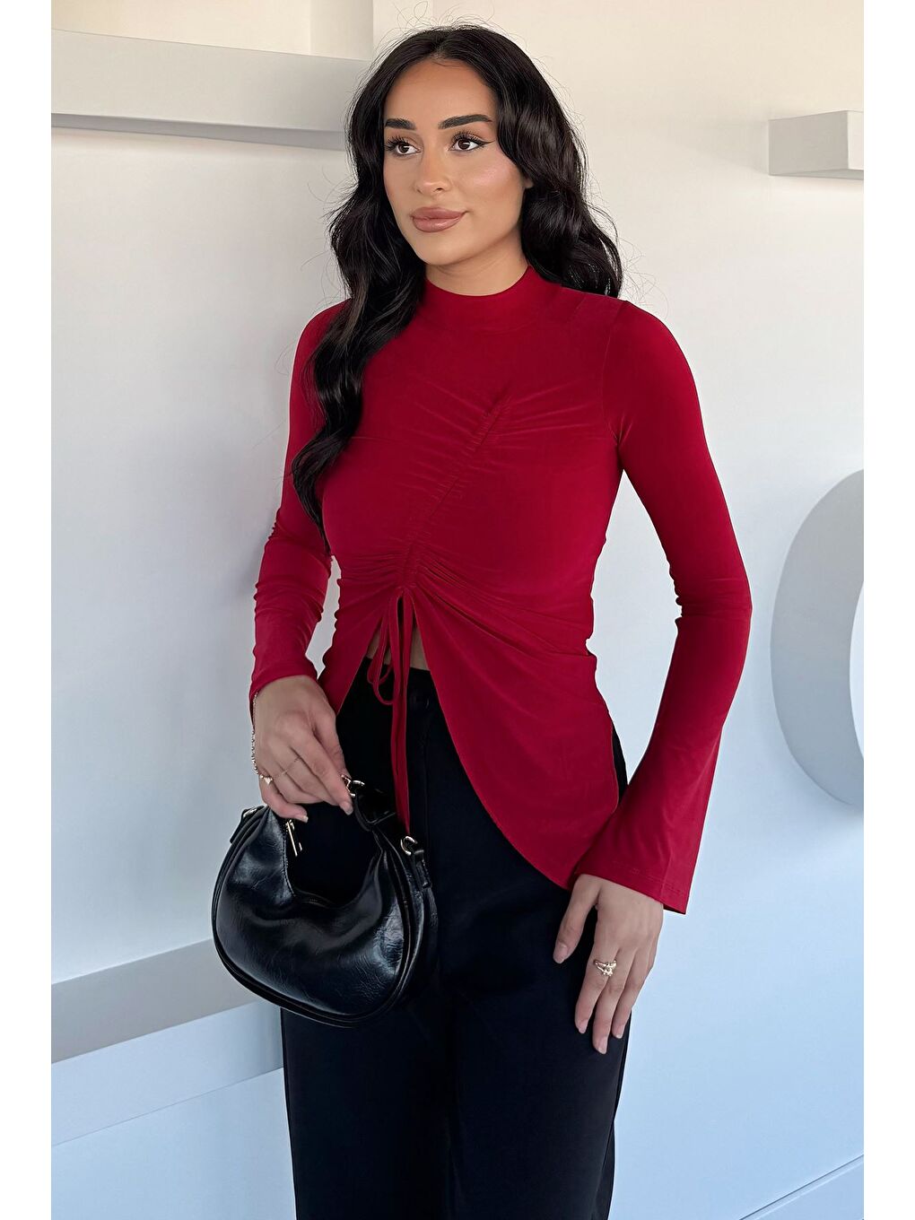 Kırmızı Asimetrik Kesim Ön Büzgülü Kadın Bluz-1