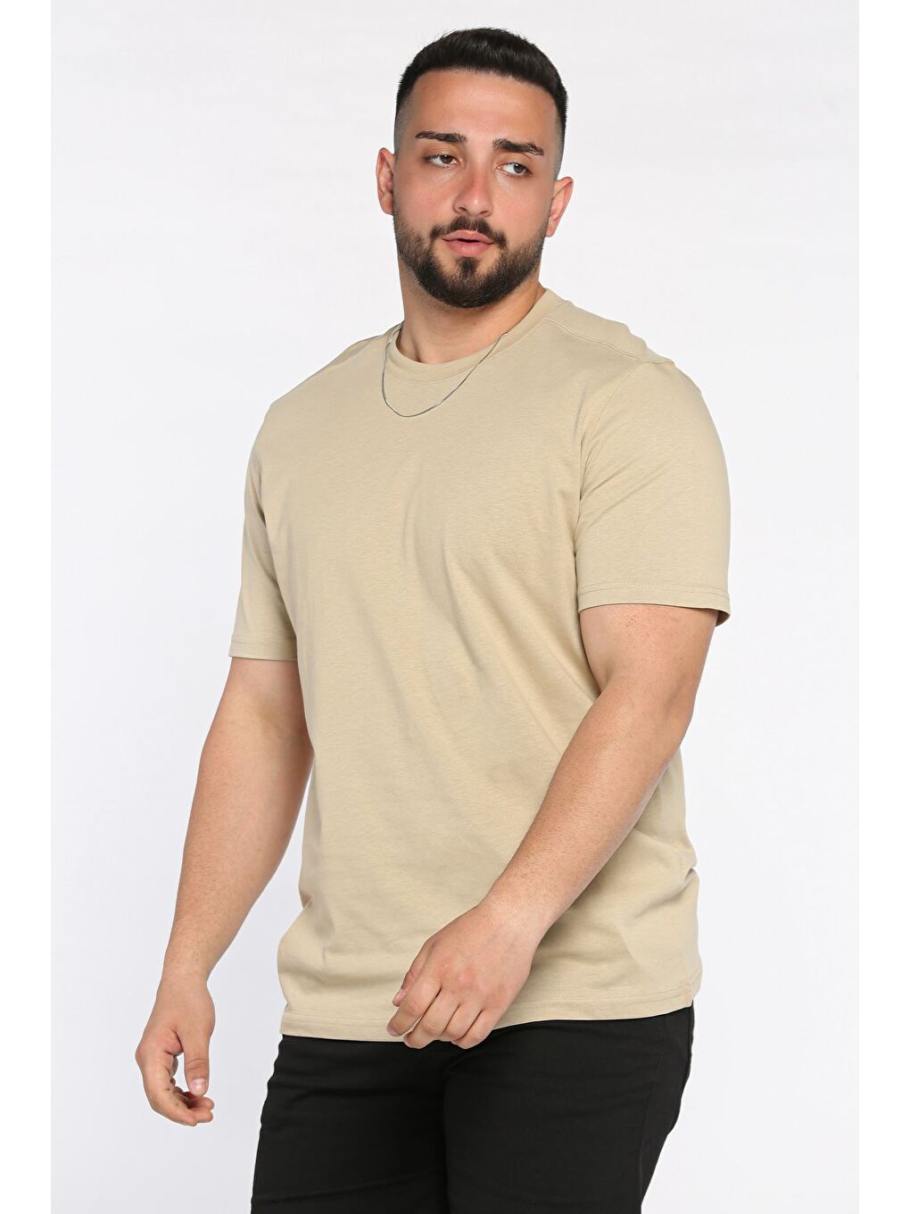 Bej Erkek Bisiklet Yaka Tişört-1