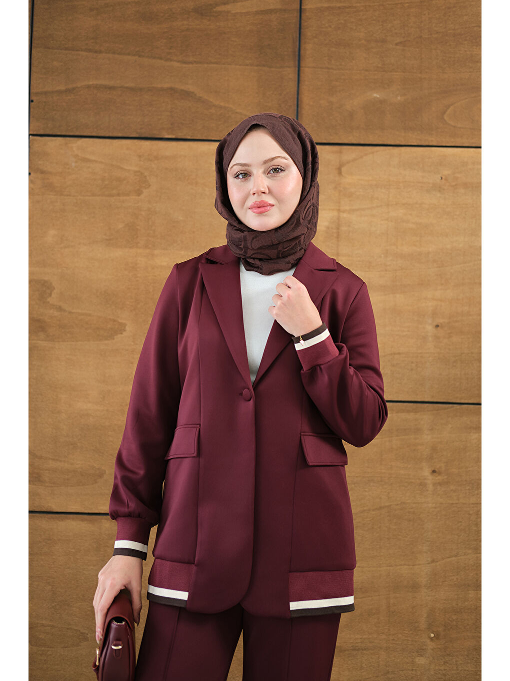 Kadın Çizgi Ribanalı Blazer Ceketli Takım Bordo-3