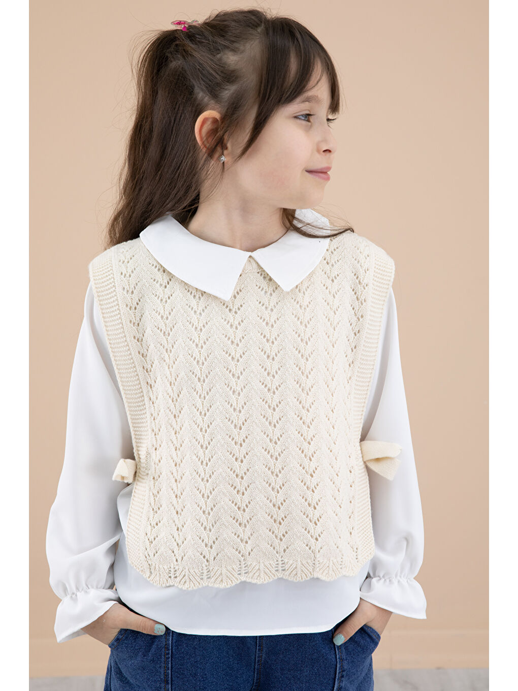 Ekru Krem Dantel Süveterli Jean Pantolonlu Kız Çocuk 3lü Takım 20354-2