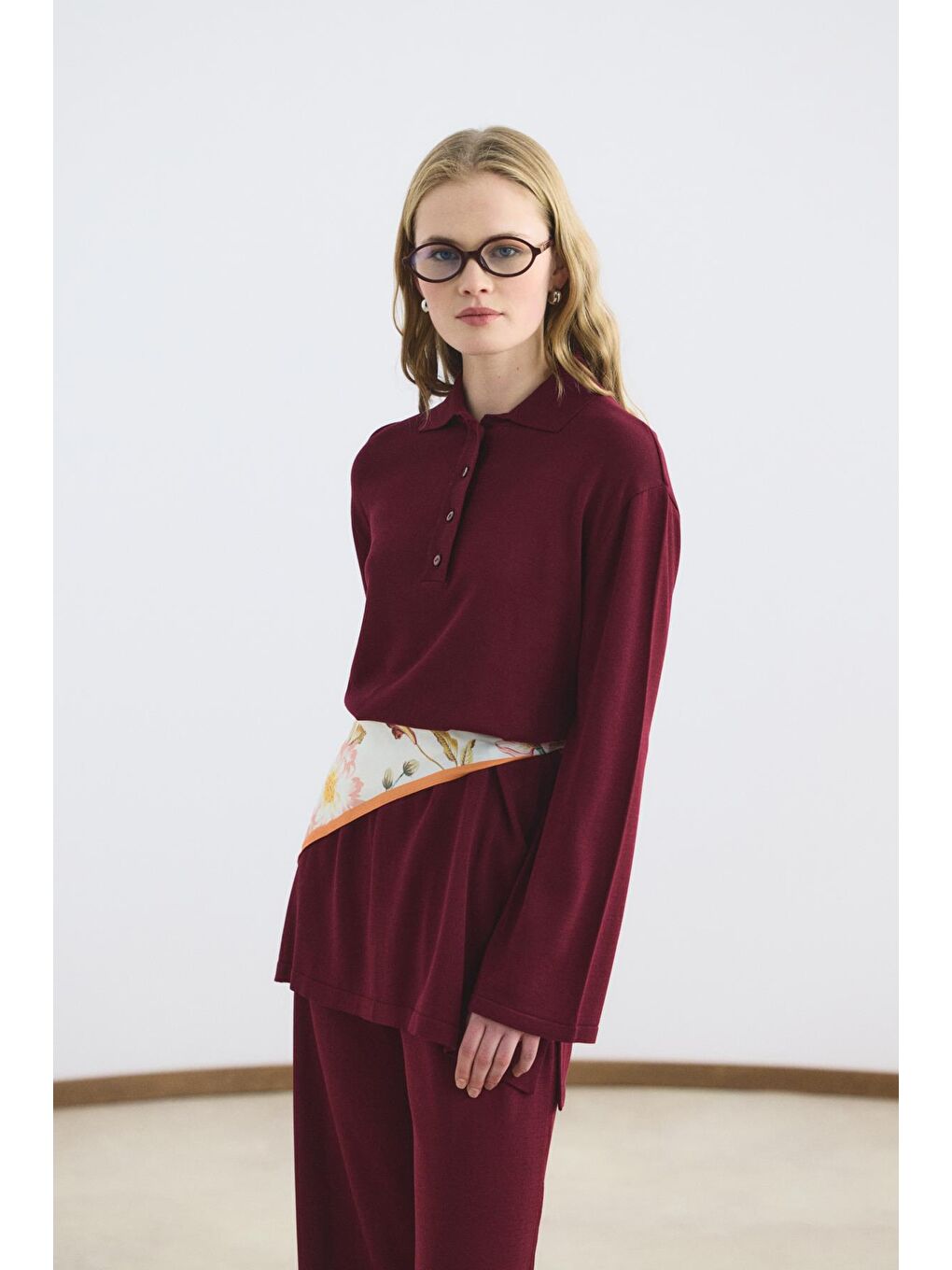 Polo Yaka İnce Triko Tunik Pantolon Takım Bordo-5