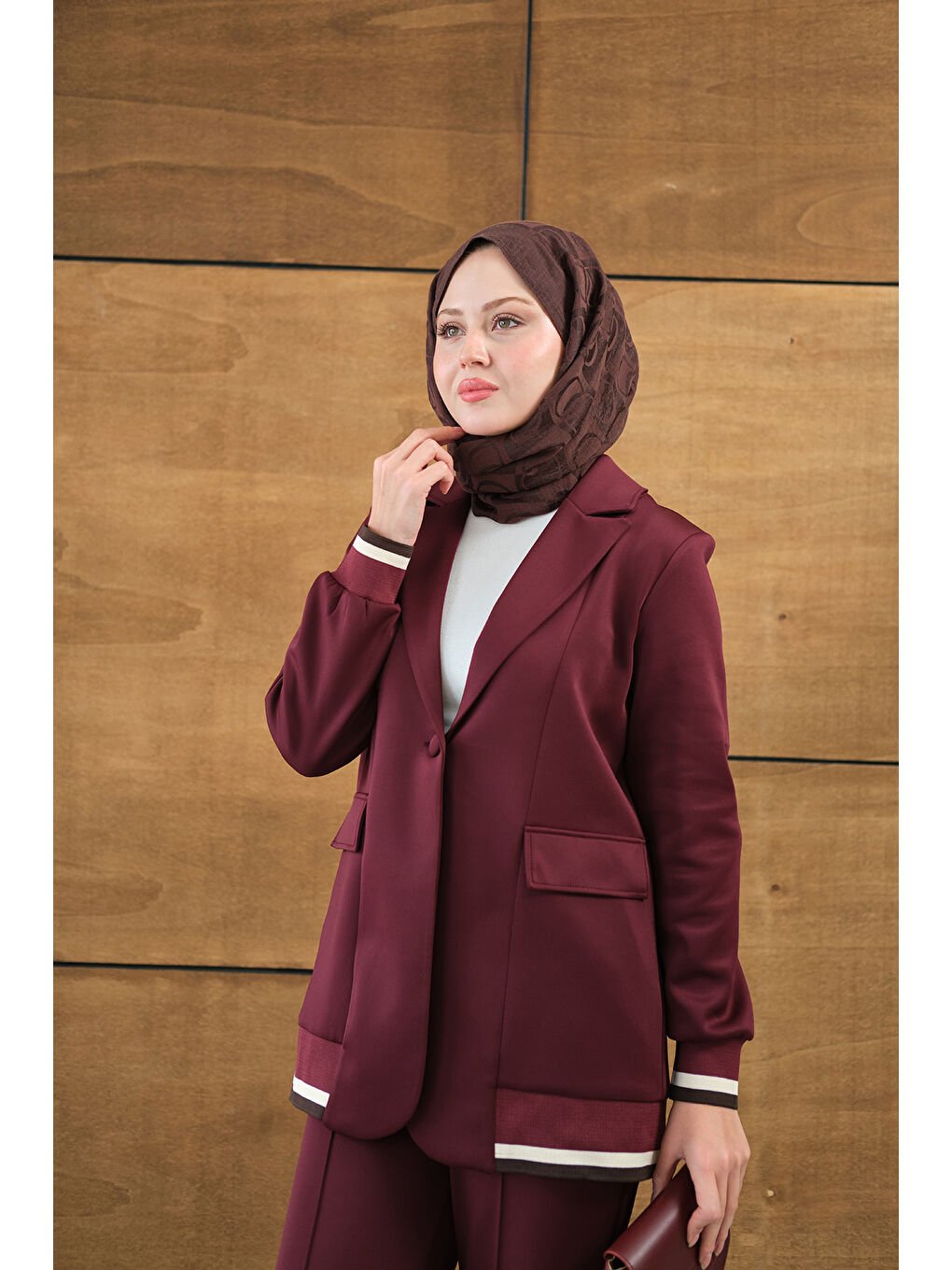 Kadın Çizgi Ribanalı Blazer Ceketli Takım Bordo-4