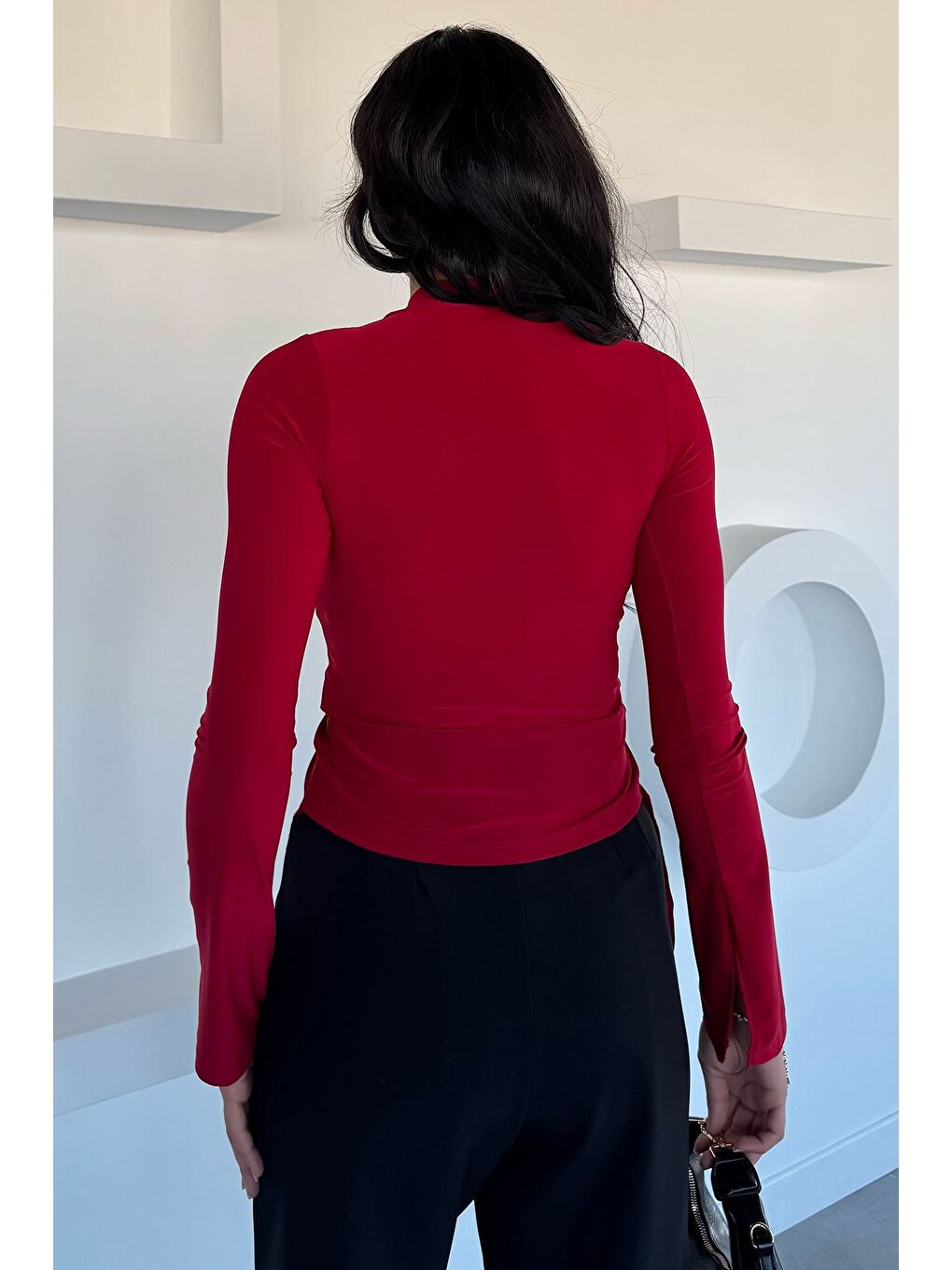 Kırmızı Asimetrik Kesim Ön Büzgülü Kadın Bluz-3