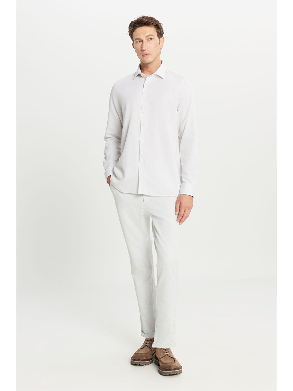 Bej Erkek Taş %100 Pamuk Tailored Slim Fit Dar Kesim Klasik Yaka Armürlü Gömlek-1