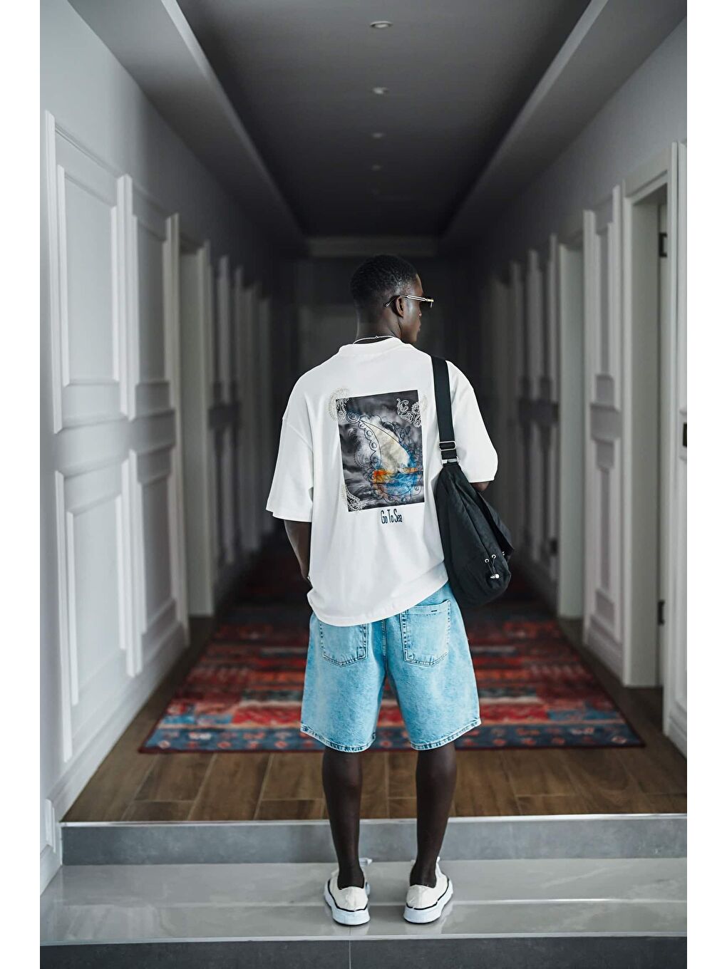 Erkek Yelken Desenli Nakışlı Oversize T-Shirt Beyaz