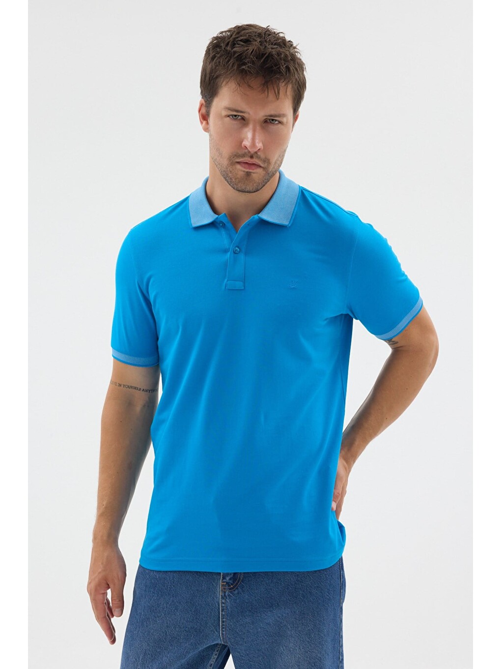 Turkuaz Polo Yaka Pike Kısa Kol Slim Fit %100 Pamuk Tişört 1011260171-2