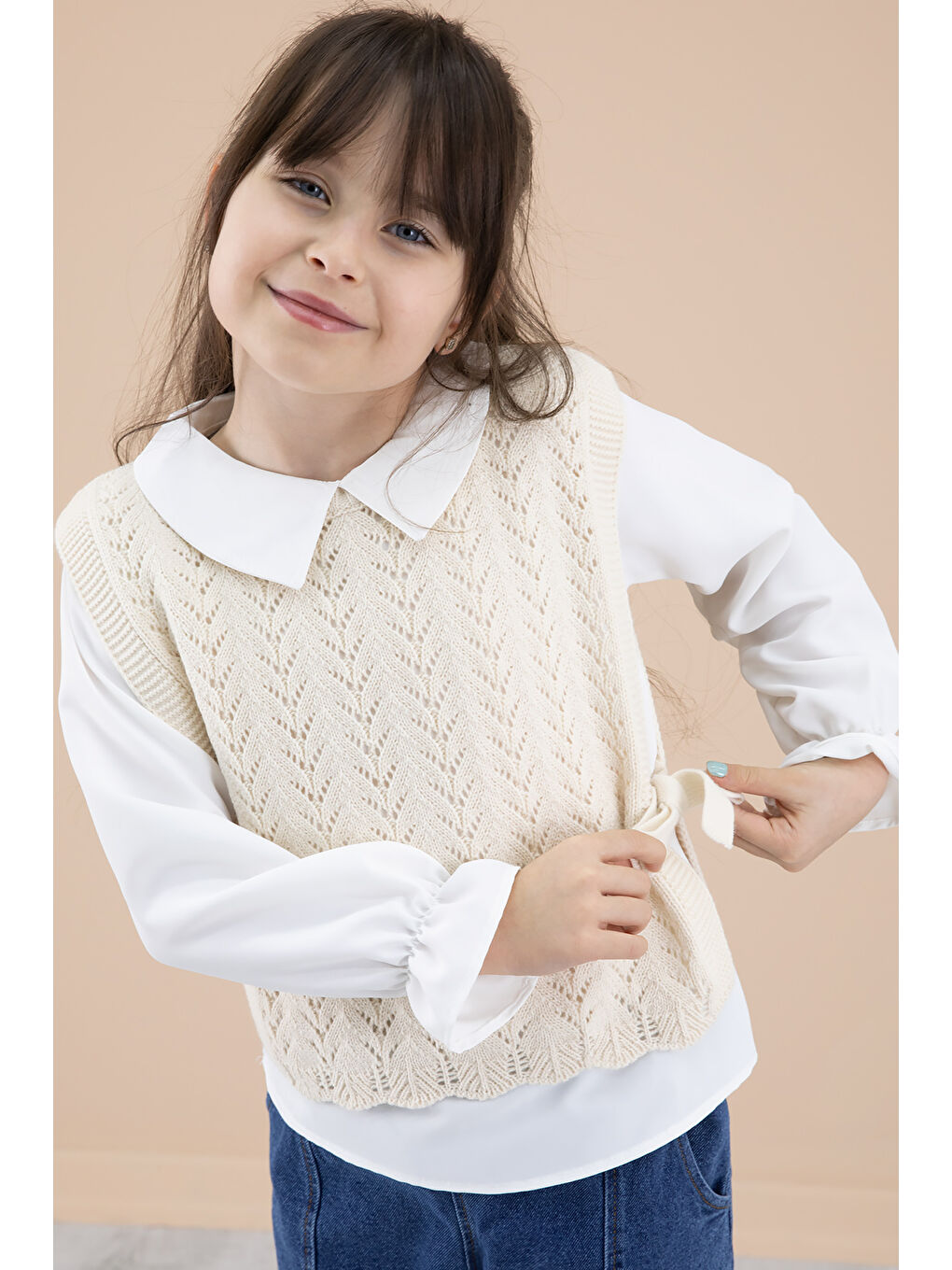 Ekru Krem Dantel Süveterli Jean Pantolonlu Kız Çocuk 3lü Takım 20354-4