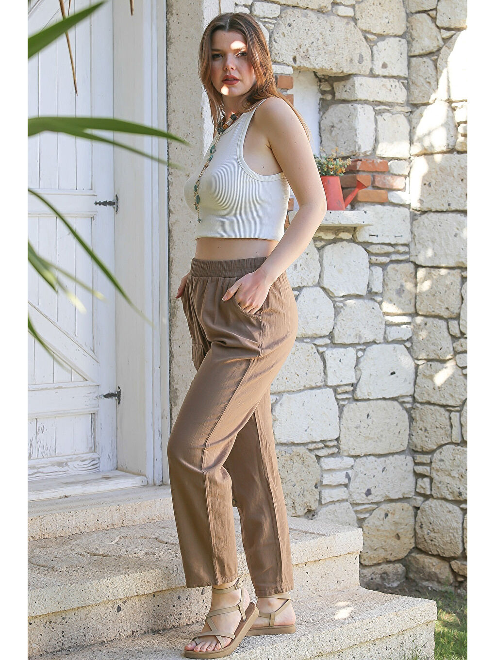 Kahverengi Açık Kahve Cepli Yıkamalı Lastikli Bel Jogger Paça Casual Keten Karışımlı Dokuma Pantolon 104 62-4