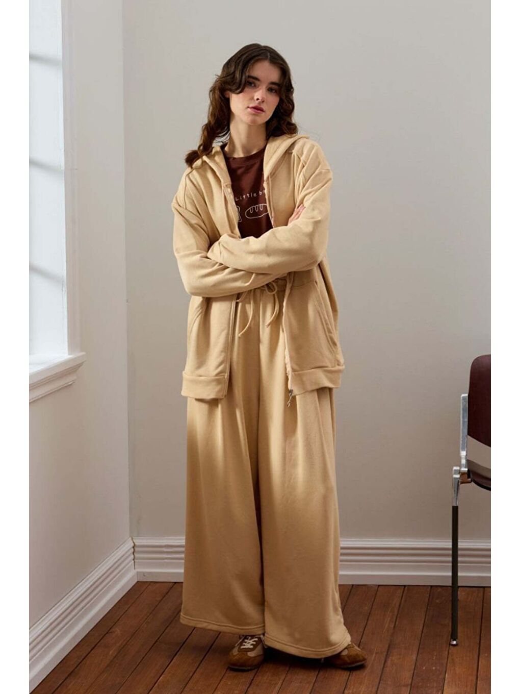 Bej 3 İplik Uzun Fermuarlı Eşofman Takım