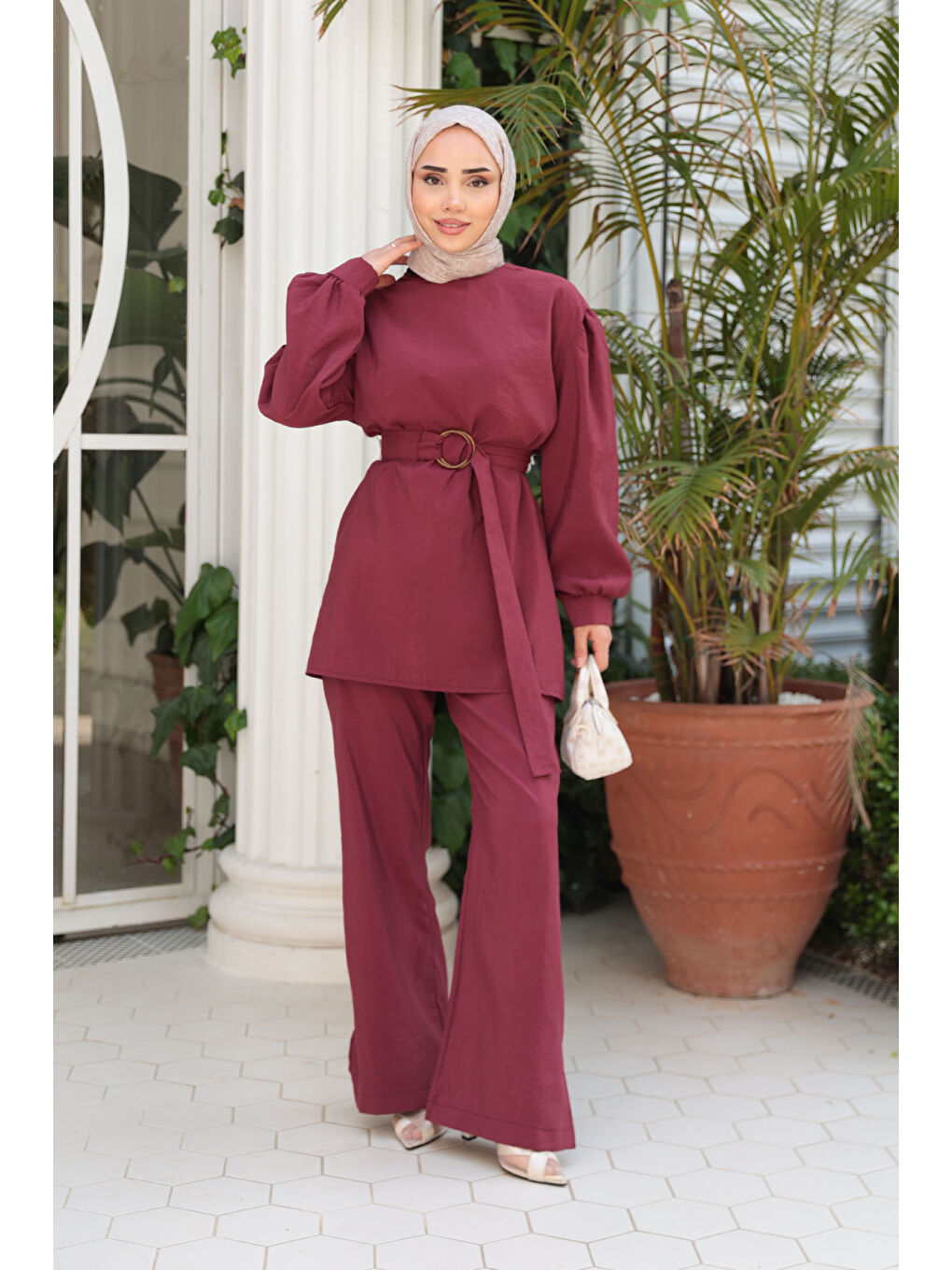 Kadın Kemerli Tokalı Takım Bordo-1