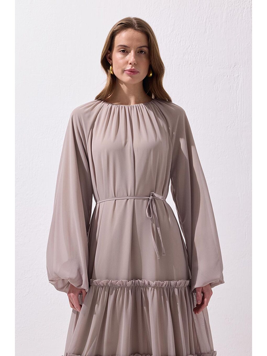 Bej Julie Uzun Elbise Vizon-1