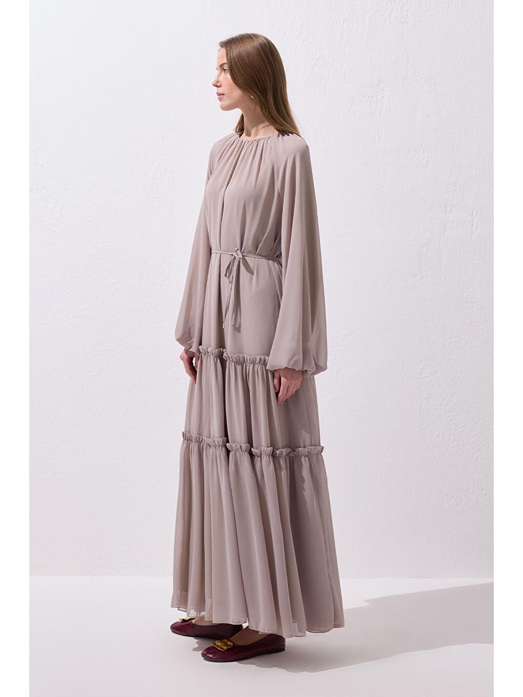 Bej Julie Uzun Elbise Vizon-2