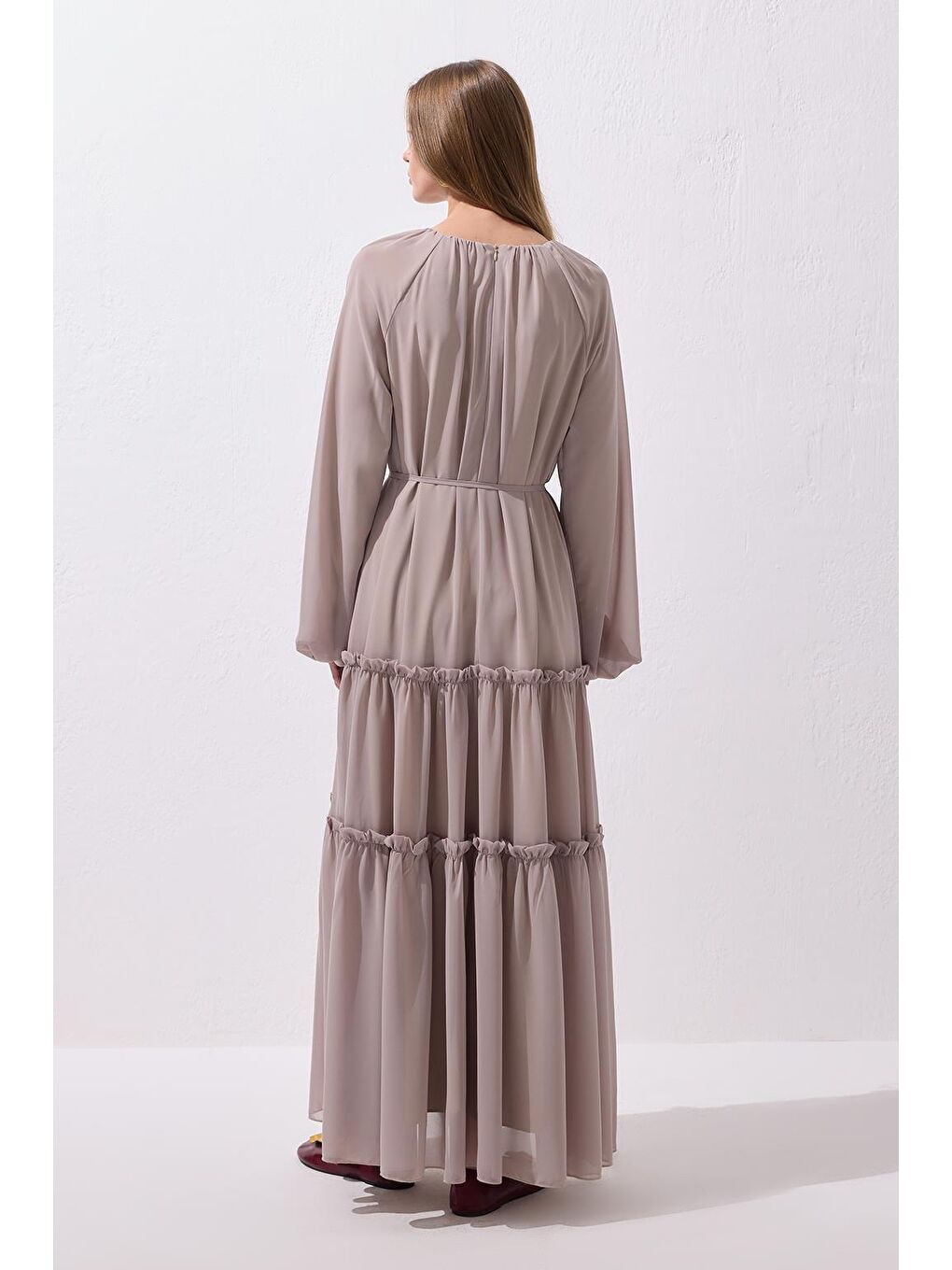 Bej Julie Uzun Elbise Vizon-4