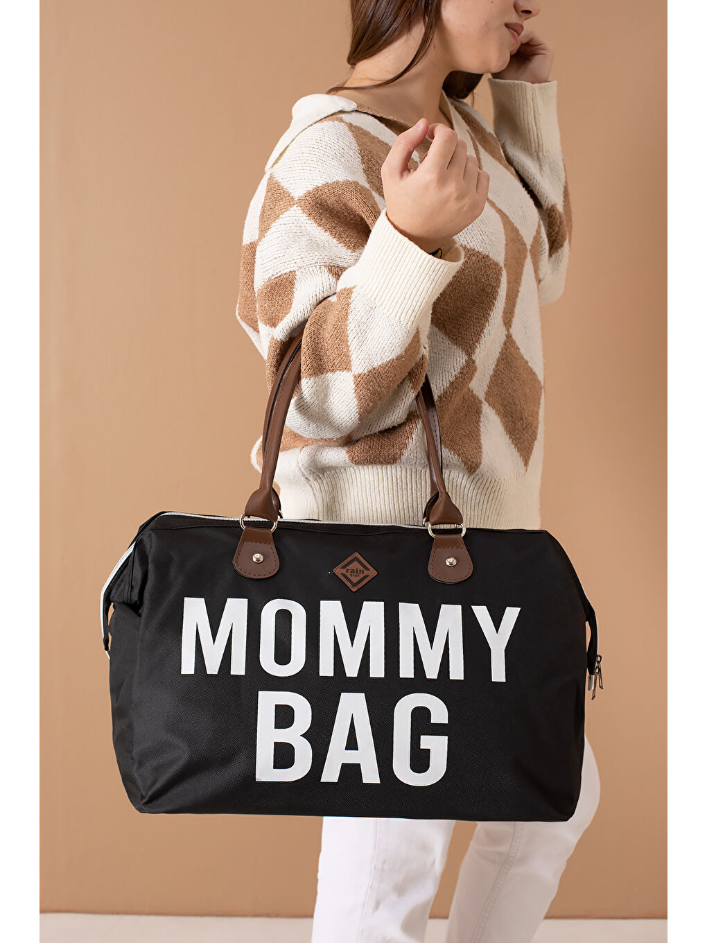 Cansın Mini Siyah Mommy Bag Yazılı Anne Çantası 19719