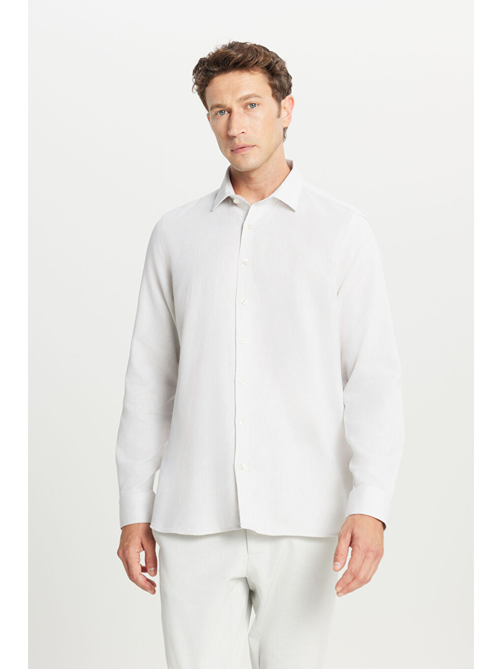 Bej Erkek Taş %100 Pamuk Tailored Slim Fit Dar Kesim Klasik Yaka Armürlü Gömlek-2