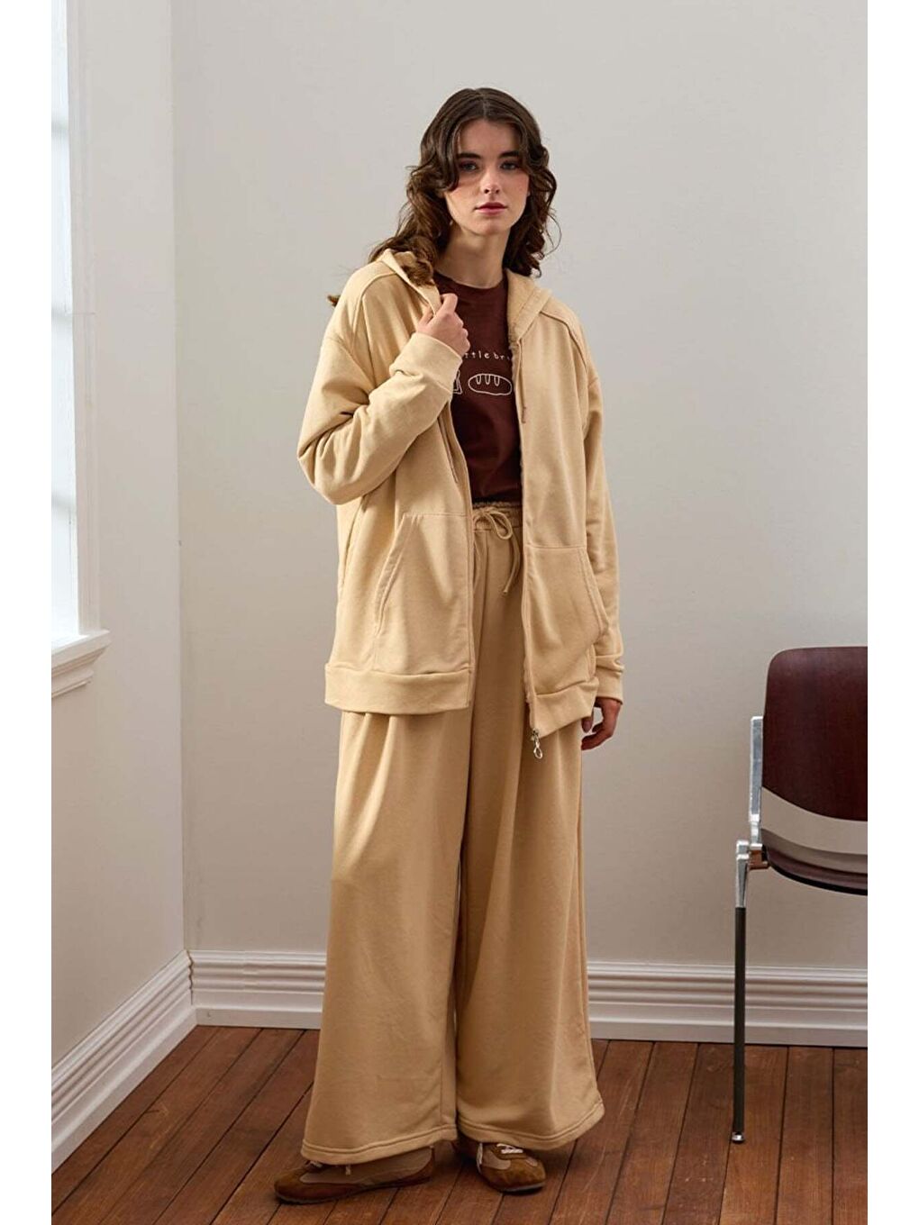 Bej 3 İplik Uzun Fermuarlı Eşofman Takım-1