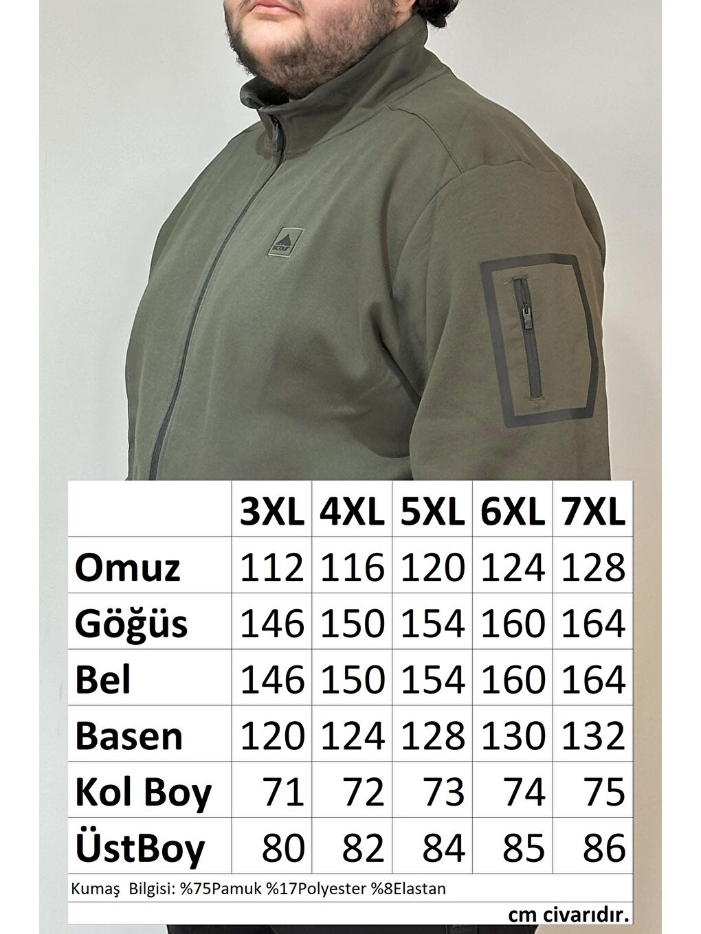 Özel Üretim  Ekstra Battal Pamuk Dokulu Erkek Büyük Beden Eşofman Üstü 24723 Haki-3