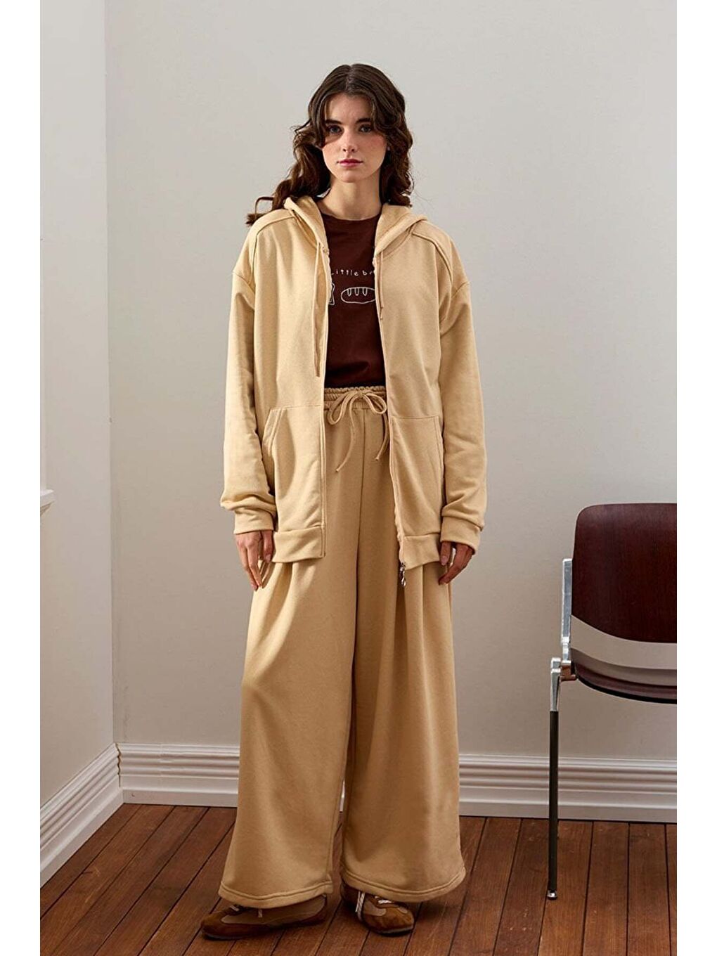 Bej 3 İplik Uzun Fermuarlı Eşofman Takım-2