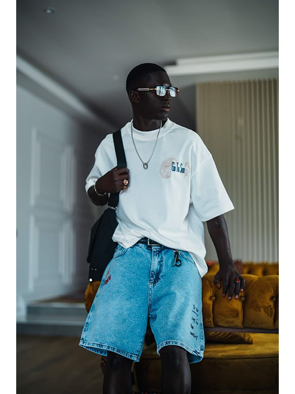 Erkek Yelken Desenli Nakışlı Oversize T-Shirt Beyaz-2