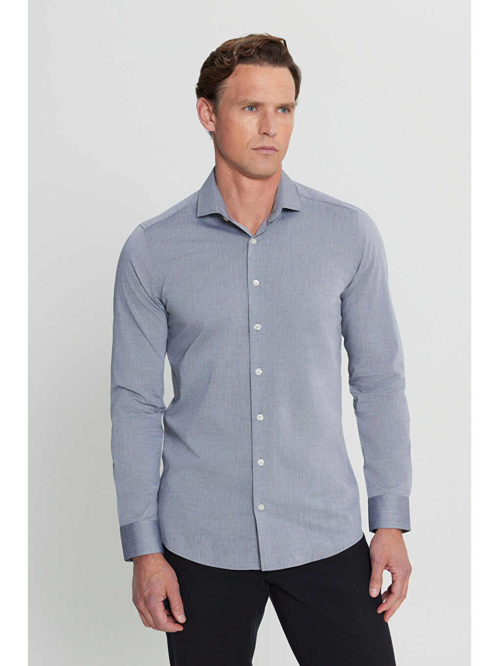 Erkek Siyah Flamlı Slim Fit Dar Kesim Düğmeli Yaka Gömlek-2