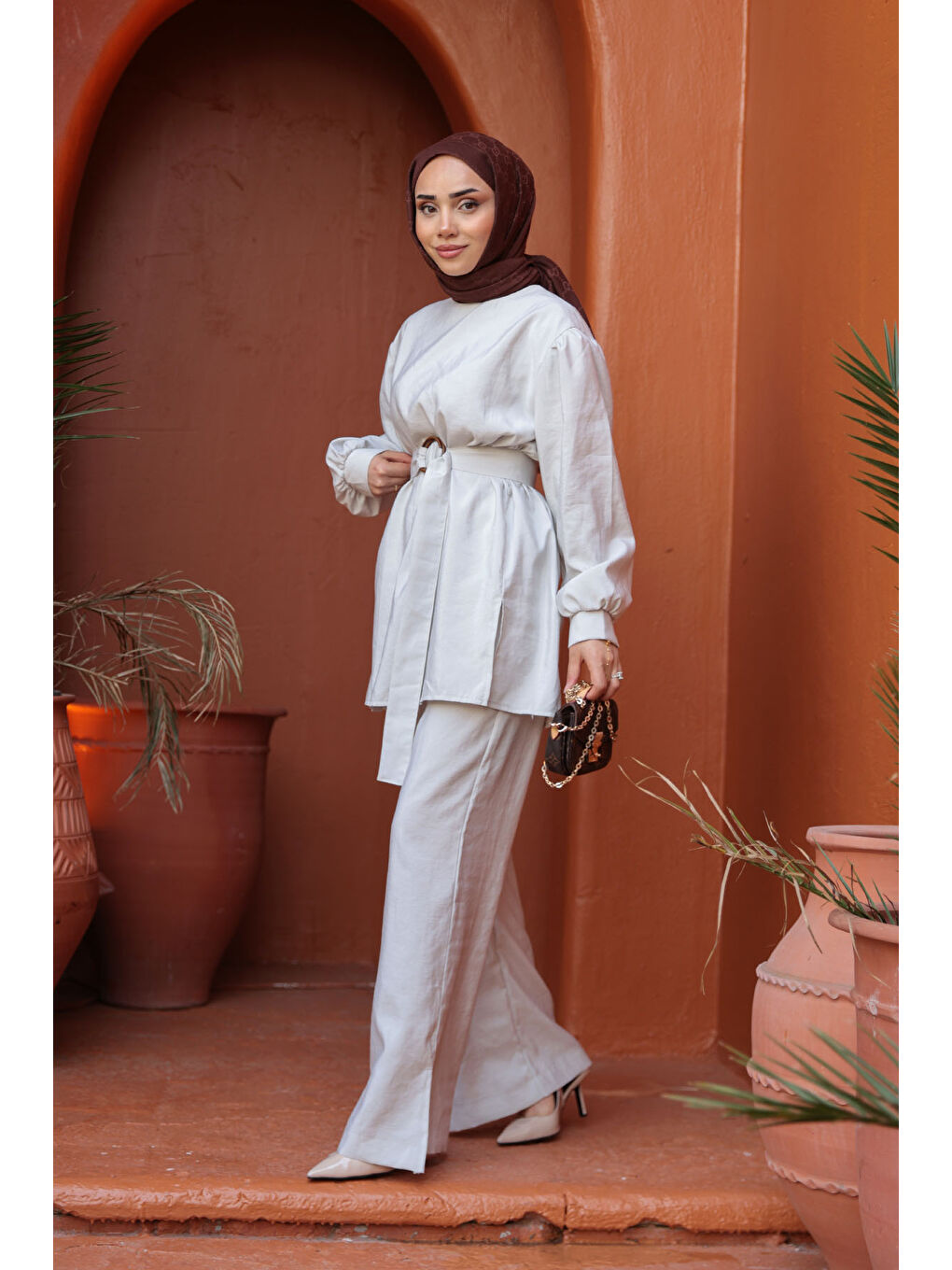 Kadın Kemerli Tokalı Takım Ekru-2
