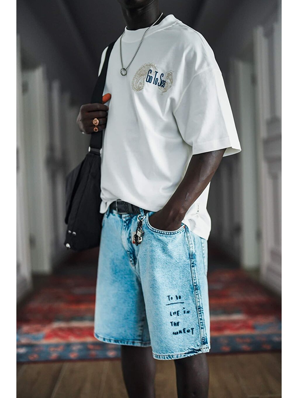 Erkek Yelken Desenli Nakışlı Oversize T-Shirt Beyaz-3