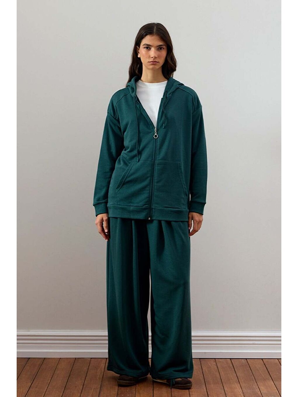 Yeşil Zümrüt 3 İplik Uzun Fermuarlı Eşofman Takım-1