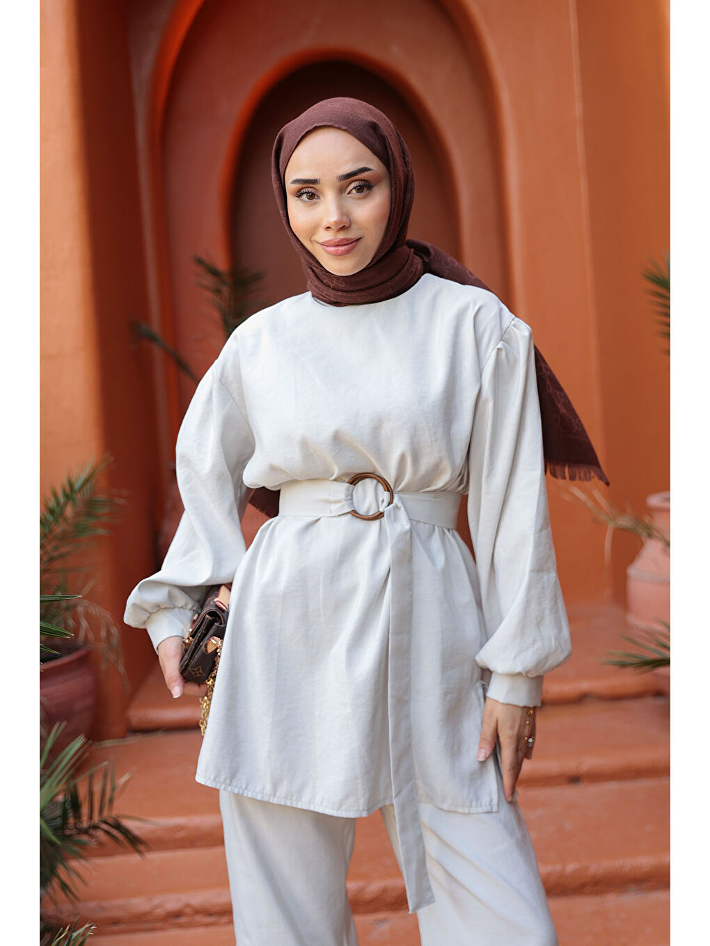 Kadın Kemerli Tokalı Takım Ekru-3