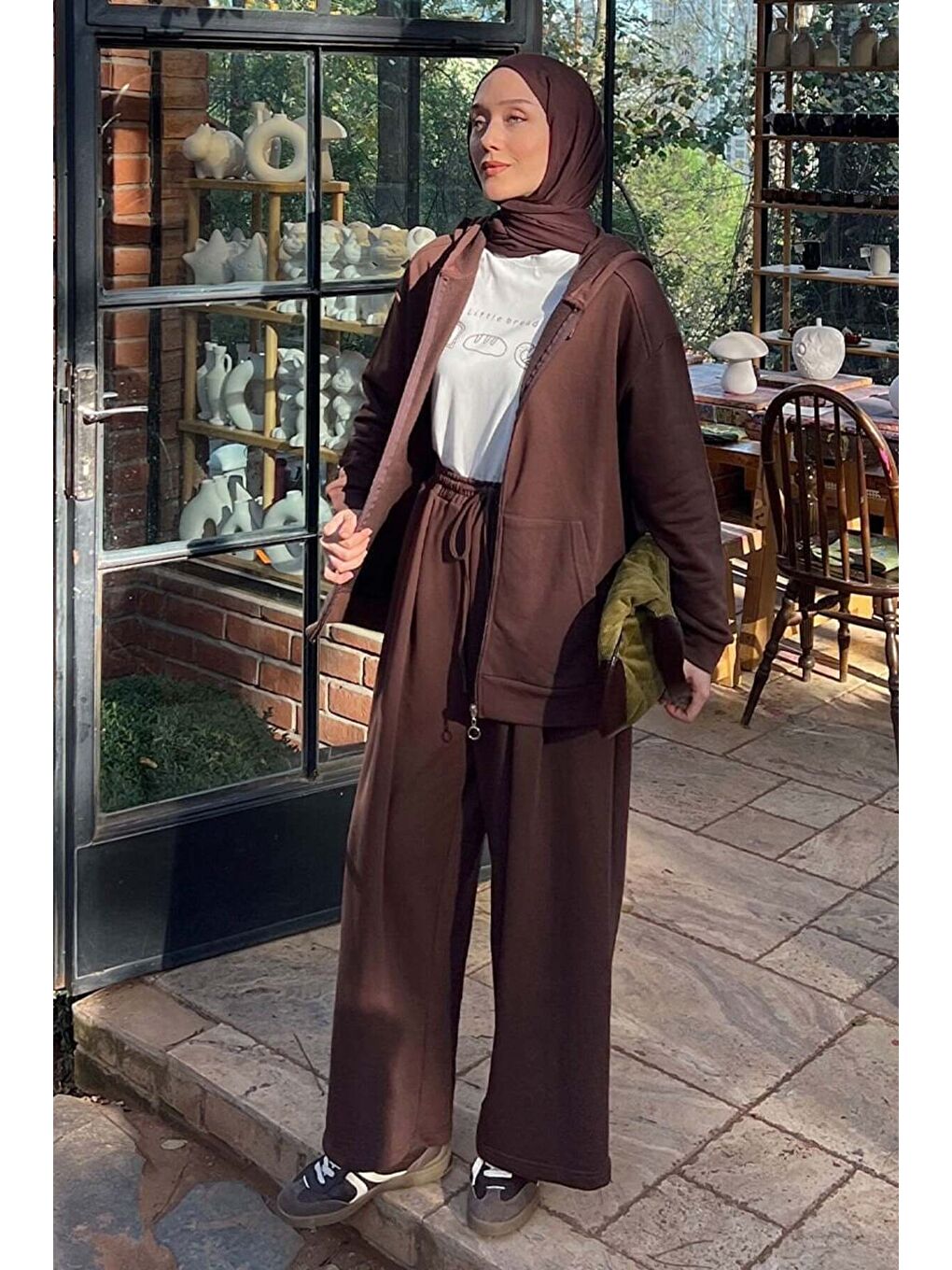 Kahverengi Acı Kahve 3 İplik Uzun Fermuarlı Eşofman Takım-1