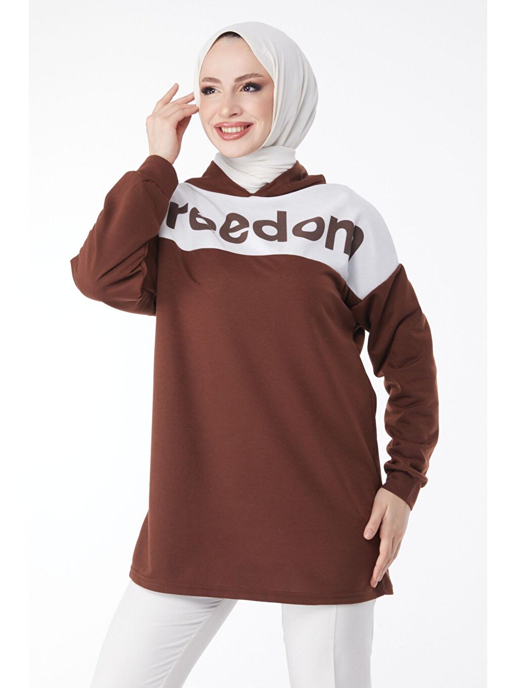 TOFİSA Kahverengi Düz Kapşonlu Yaka Kadın Kahverengi Baskılı Kapşonlu Sweatshirt - 13134 - 2