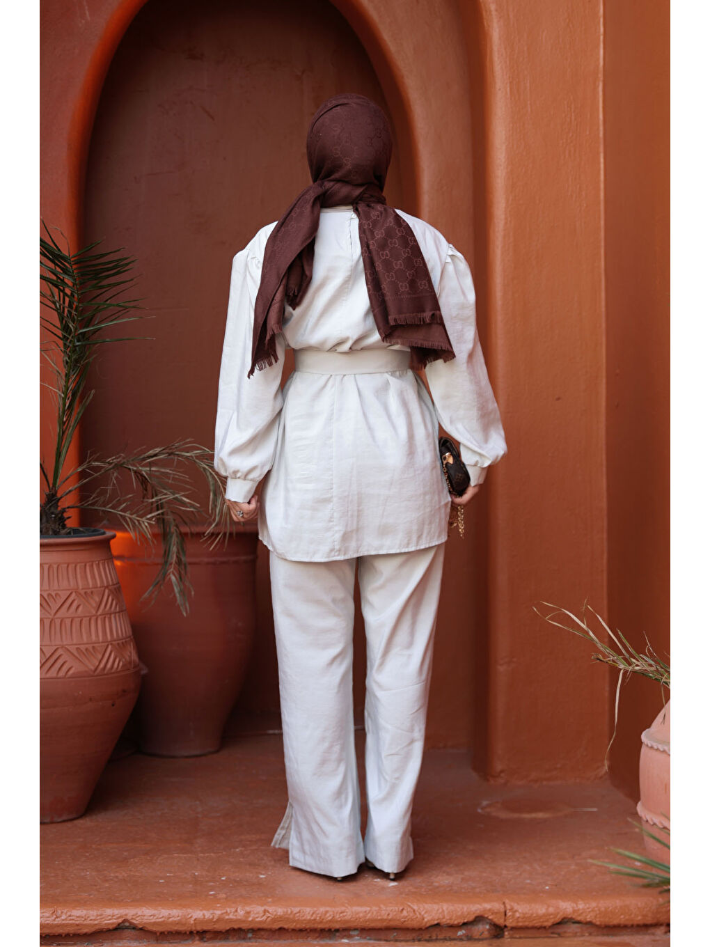 Kadın Kemerli Tokalı Takım Ekru-4