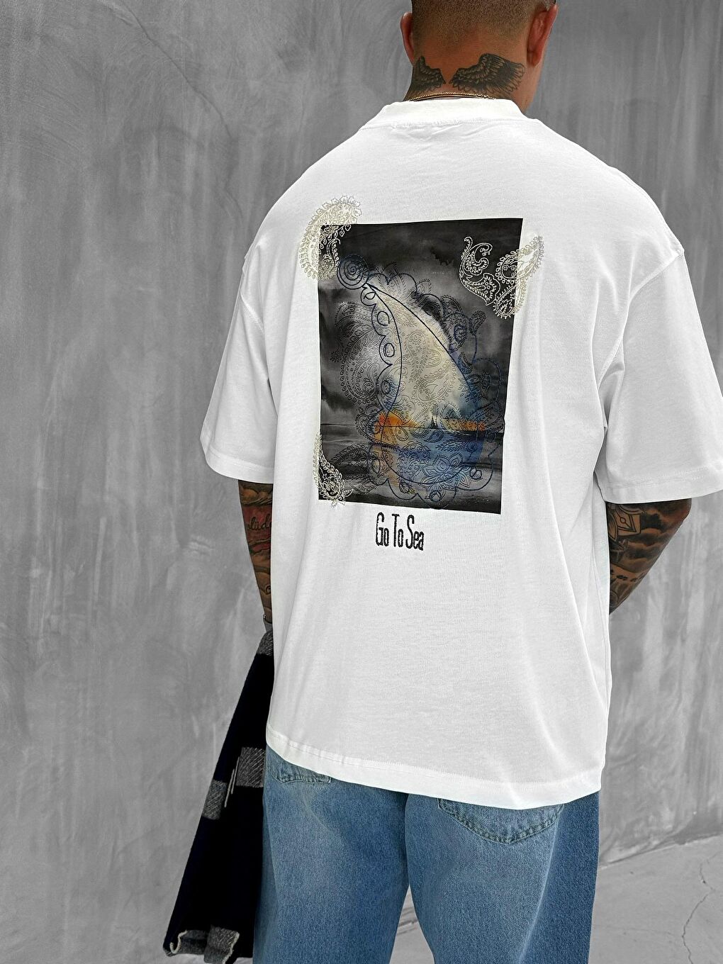 Erkek Yelken Desenli Nakışlı Oversize T-Shirt Beyaz-4