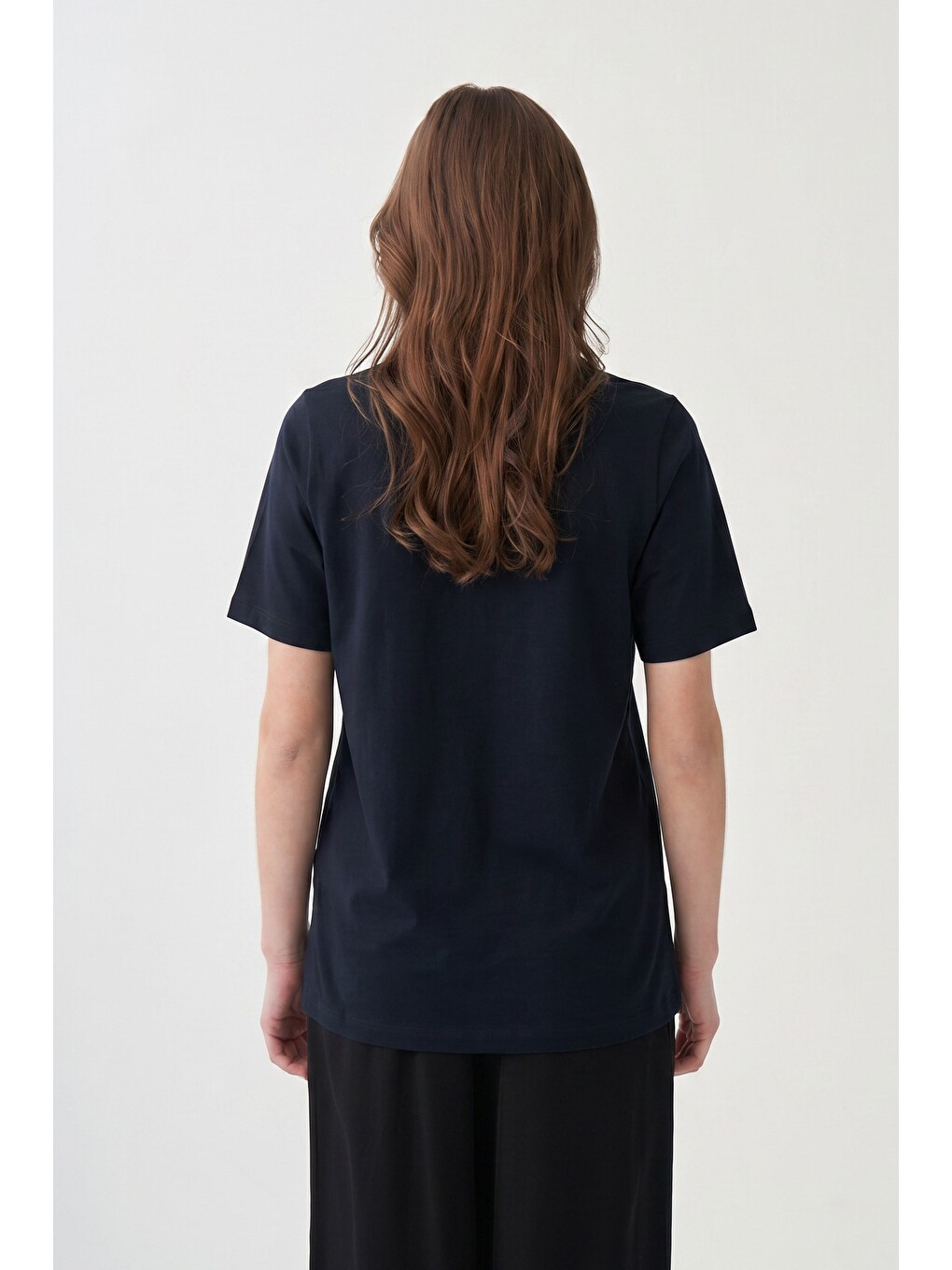 Lacivert-bisiklet Yaka Pamuklu T-shirt-1