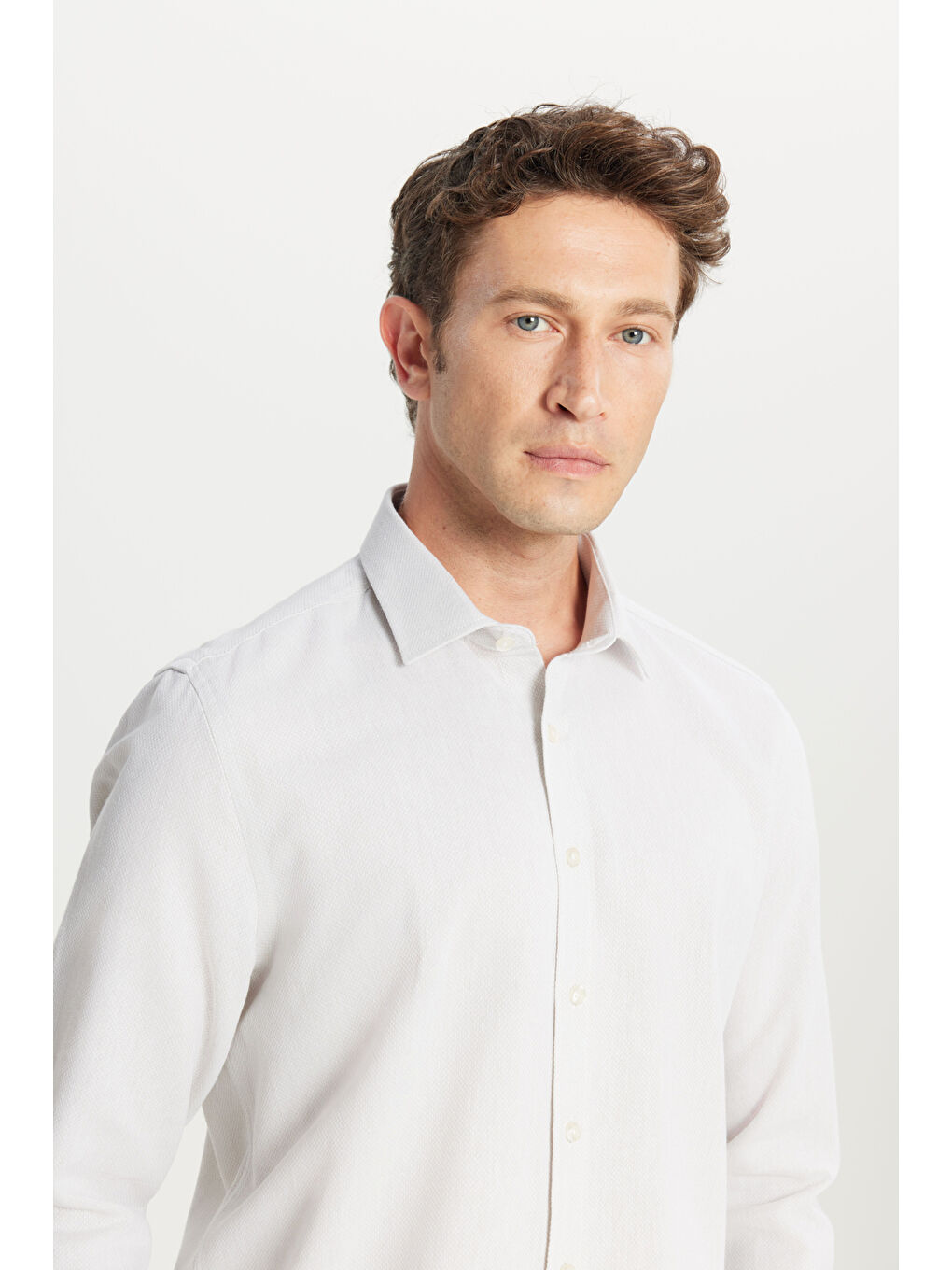 Bej Erkek Taş %100 Pamuk Tailored Slim Fit Dar Kesim Klasik Yaka Armürlü Gömlek-3
