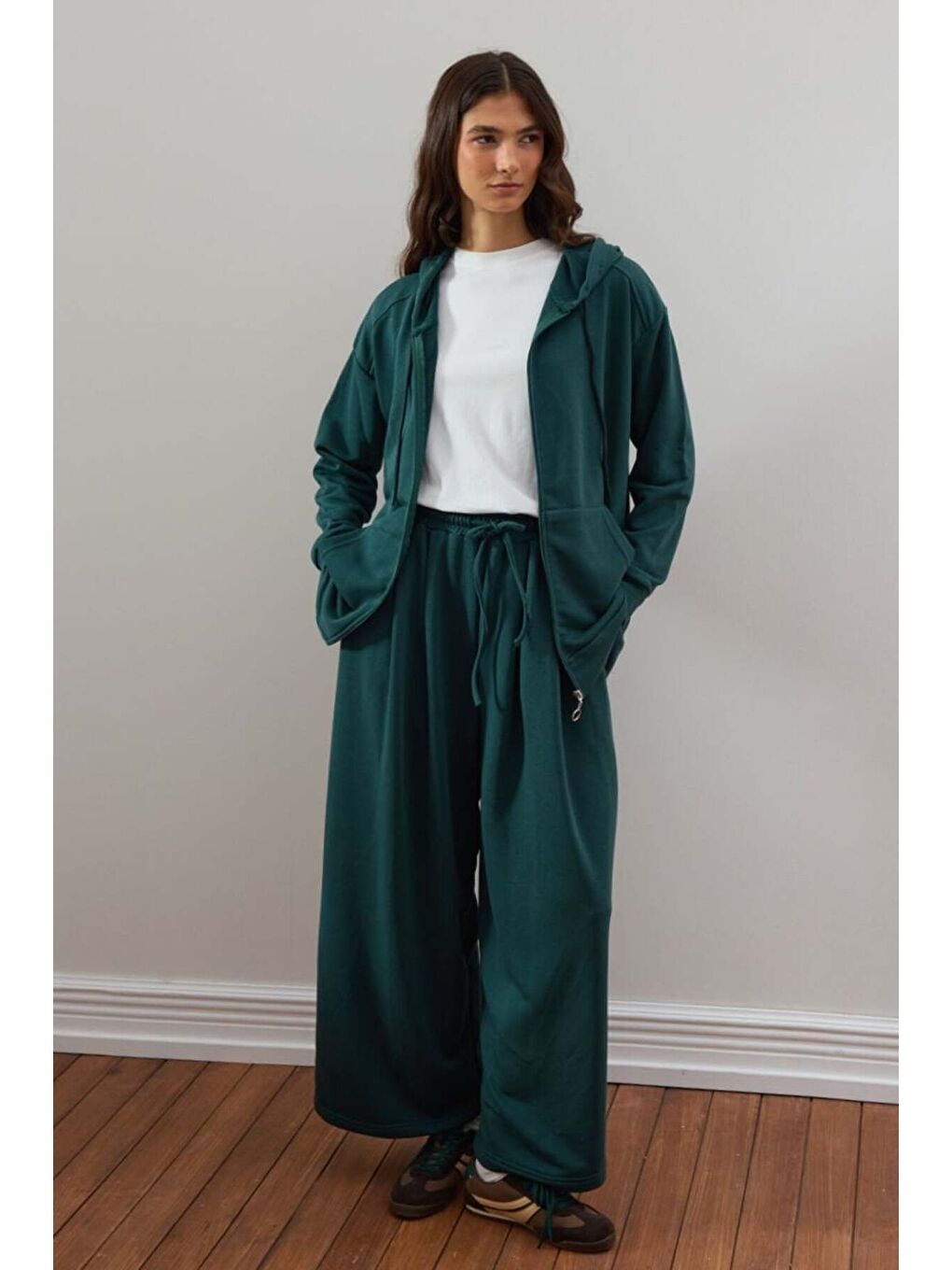 Yeşil Zümrüt 3 İplik Uzun Fermuarlı Eşofman Takım-2