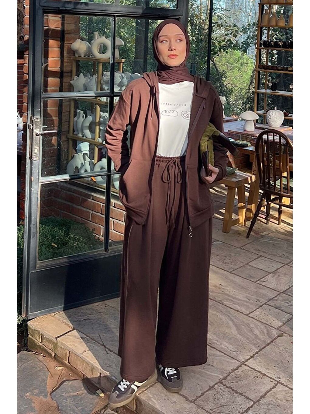 Kahverengi Acı Kahve 3 İplik Uzun Fermuarlı Eşofman Takım-2