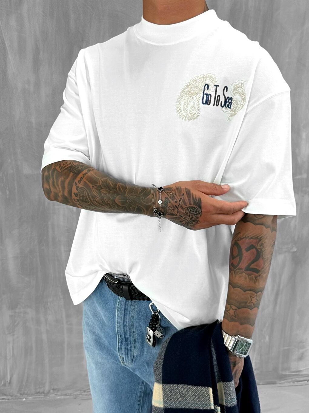 Erkek Yelken Desenli Nakışlı Oversize T-Shirt Beyaz-5