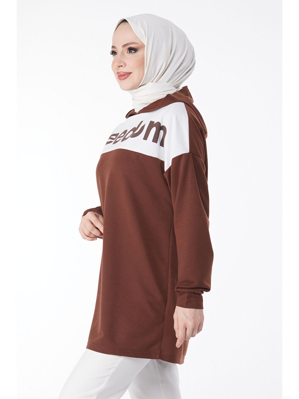 TOFİSA Kahverengi Düz Kapşonlu Yaka Kadın Kahverengi Baskılı Kapşonlu Sweatshirt - 13134 - 3