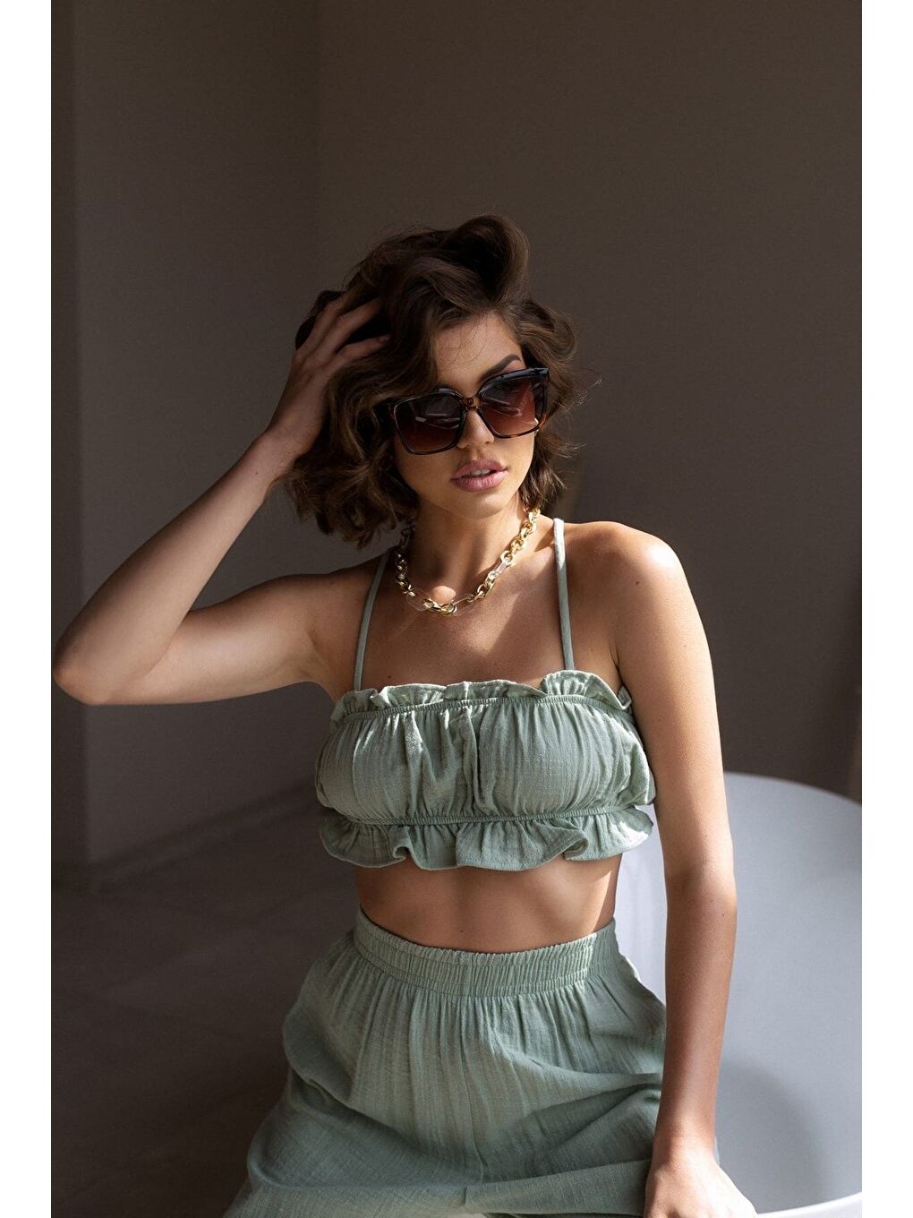 Yeşil Harvey Çağla Müslin Crop Takım-1