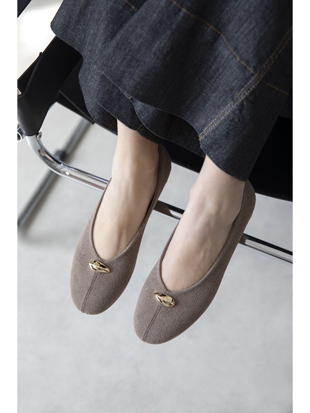 Bej Brett Kadın Aksesuar Detay Süet Babet Vizon-1