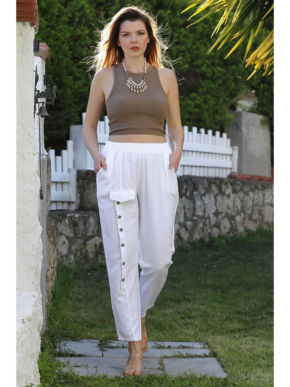 Chiccy Beyaz Cepli Yıkamalı Lastikli Bel Jogger Paça Casual Keten Karışımlı Dokuma Pantolon 104 62-1