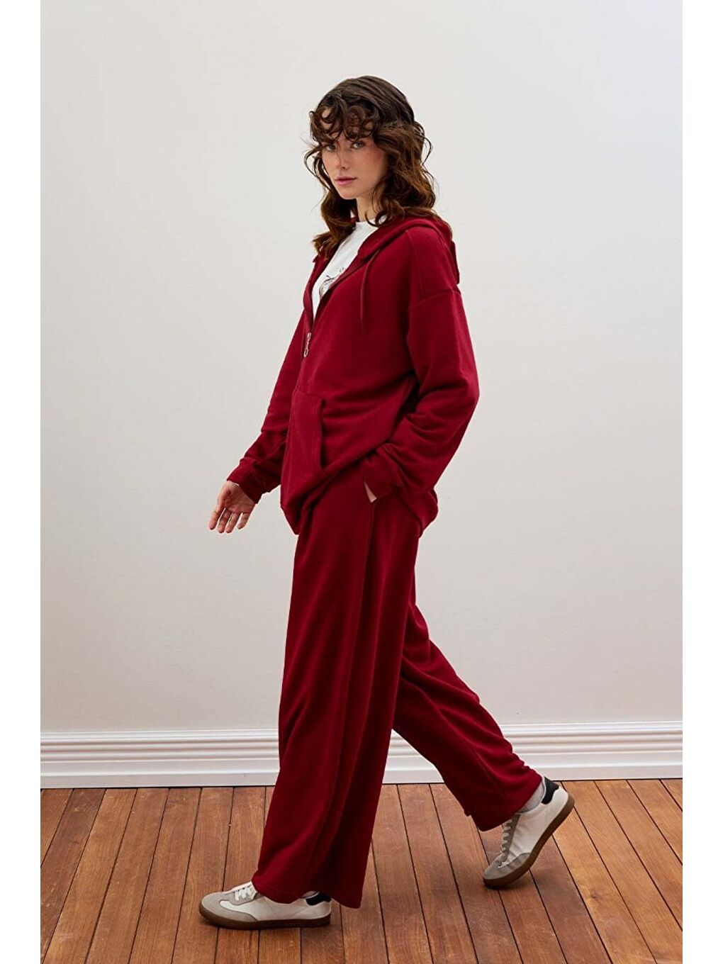 Bordo 3 İplik Uzun Fermuarlı Eşofman Takım-2