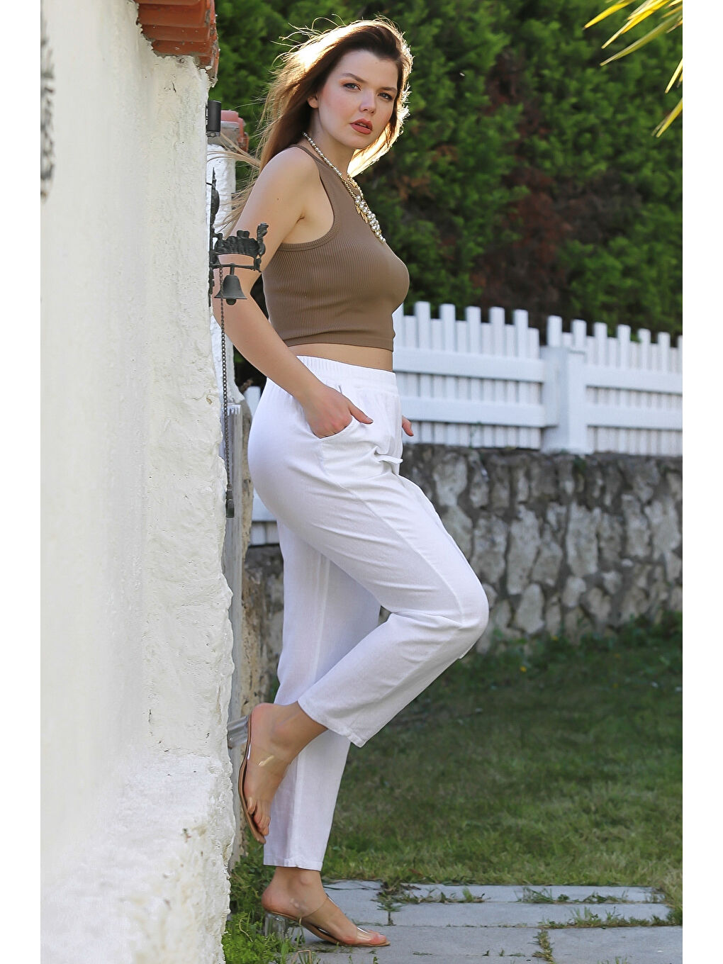 Beyaz Cepli Yıkamalı Lastikli Bel Jogger Paça Casual Keten Karışımlı Dokuma Pantolon 104 62-3