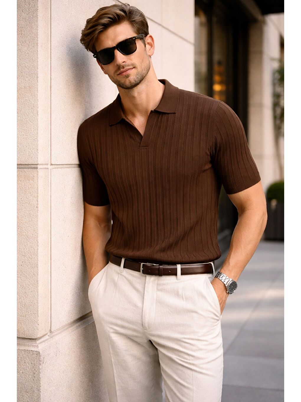 Kahverengi Erkek Polo Yaka İnce Triko Tişört Yazlık Rahat Kalıp