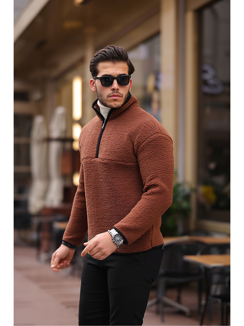Kahverengi Yarım Fermuarlı Pelüş Sweatshirt