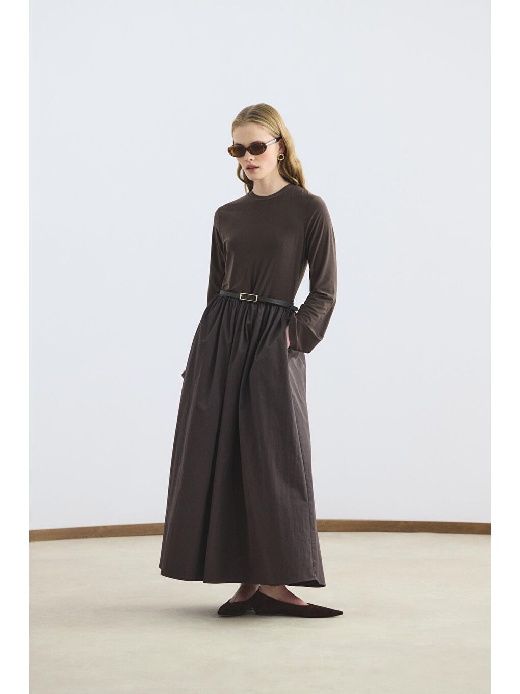 Dar Kesim Kemerli Mix Elbise Kahverengi-1